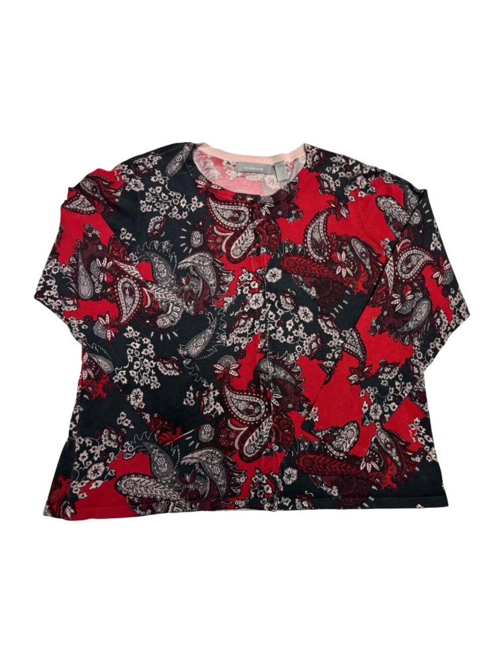 Liz Claiborne Red & Black Paisley Floral L/S Cardigan Silk Blend Womens 1X Boho
